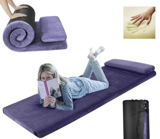FBSPORT Memory Foam Floor Mattress with Pillow Camping Travel Roll Up Guest Bed Sleeping Pad