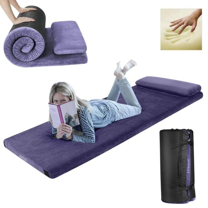 FBSPORT Memory Foam Floor Mattress with Pillow Camping Travel Roll Up Guest Bed Sleeping Pad