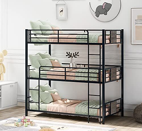 Best Triple Bunk Beds 2022 triple bunk bed metal frame with safety guardrail for kids teens guests loft