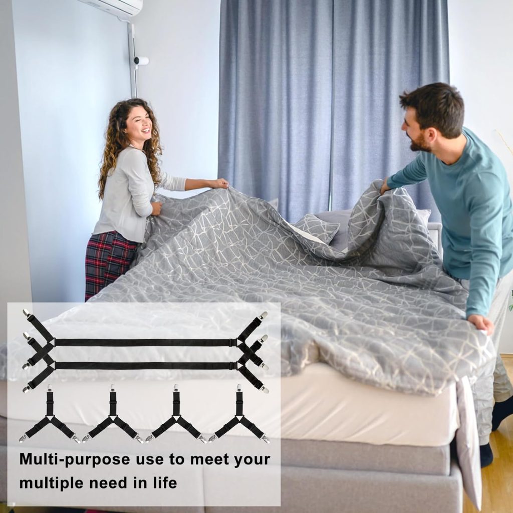 Bed Sheet Straps, 6 Pack Fitted Bed Sheet Fasteners Clips Adjustable Crisscross Bed Sheet Holder Straps for Corners Mattress Sheet Suspenders Grippers Bedding Accessories, Black