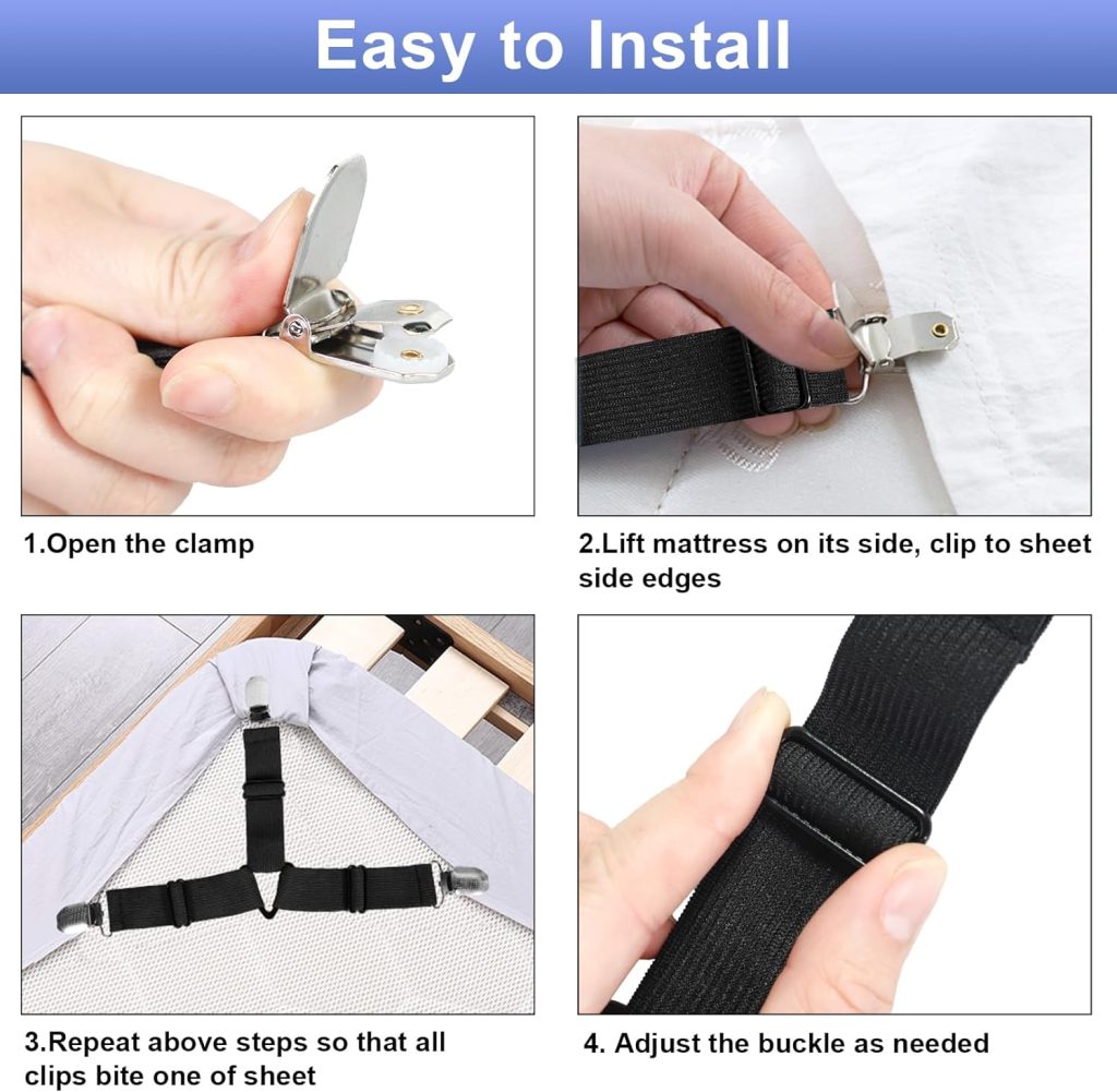 Bed Sheet Straps, 6 Pack Fitted Bed Sheet Fasteners Clips Adjustable Crisscross Bed Sheet Holder Straps for Corners Mattress Sheet Suspenders Grippers Bedding Accessories, Black
