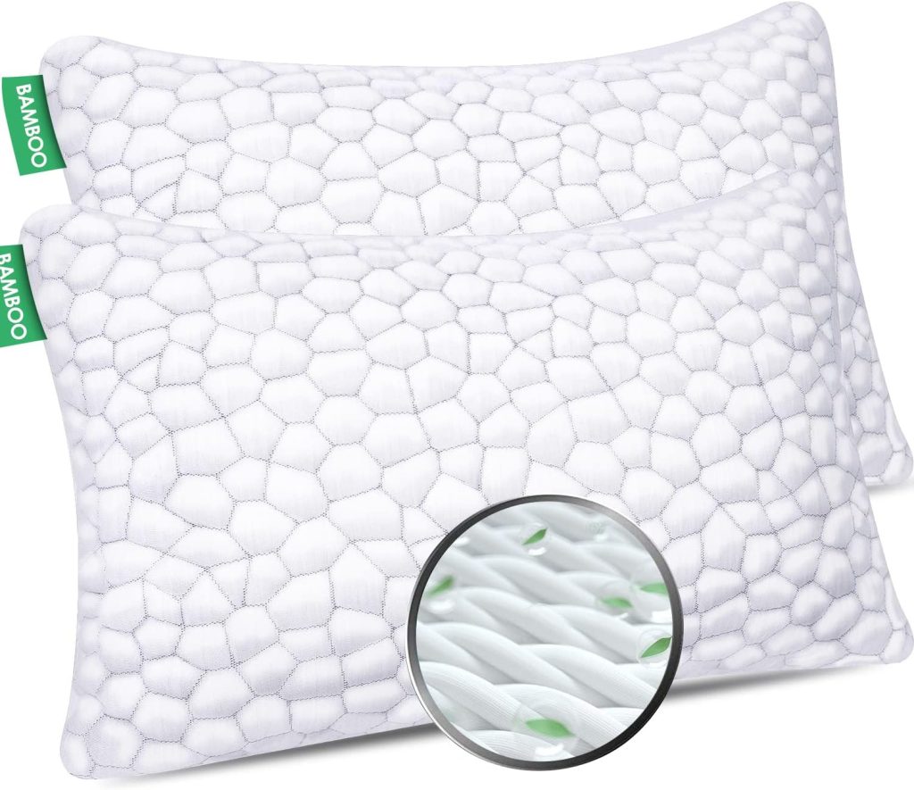 Cooling Bed Pillows for Sleeping 2 Pack Shredded Memory Foam Adjustable Cool BAMBOO Pillow for Side Back Stomach Sleepers -Luxury Gel Queen Size Set of 2 with Washable Removable Cover