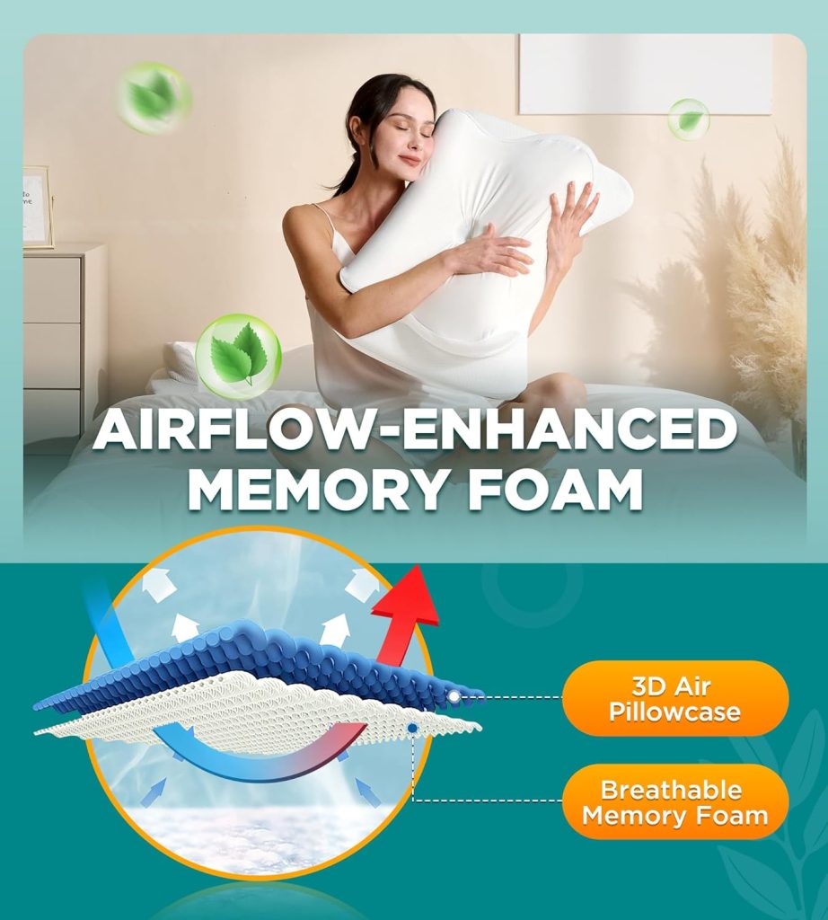 EKIFT Ease Now Cervical Neck Pillow for Pain Relief, Beauty Sleeping Cooling Pillow for Side Back Stomach Sleeper, Odorless Memory Foam Bed Pillows Deep Sleep,Ergonomic Orthopedic Contour Neck Support