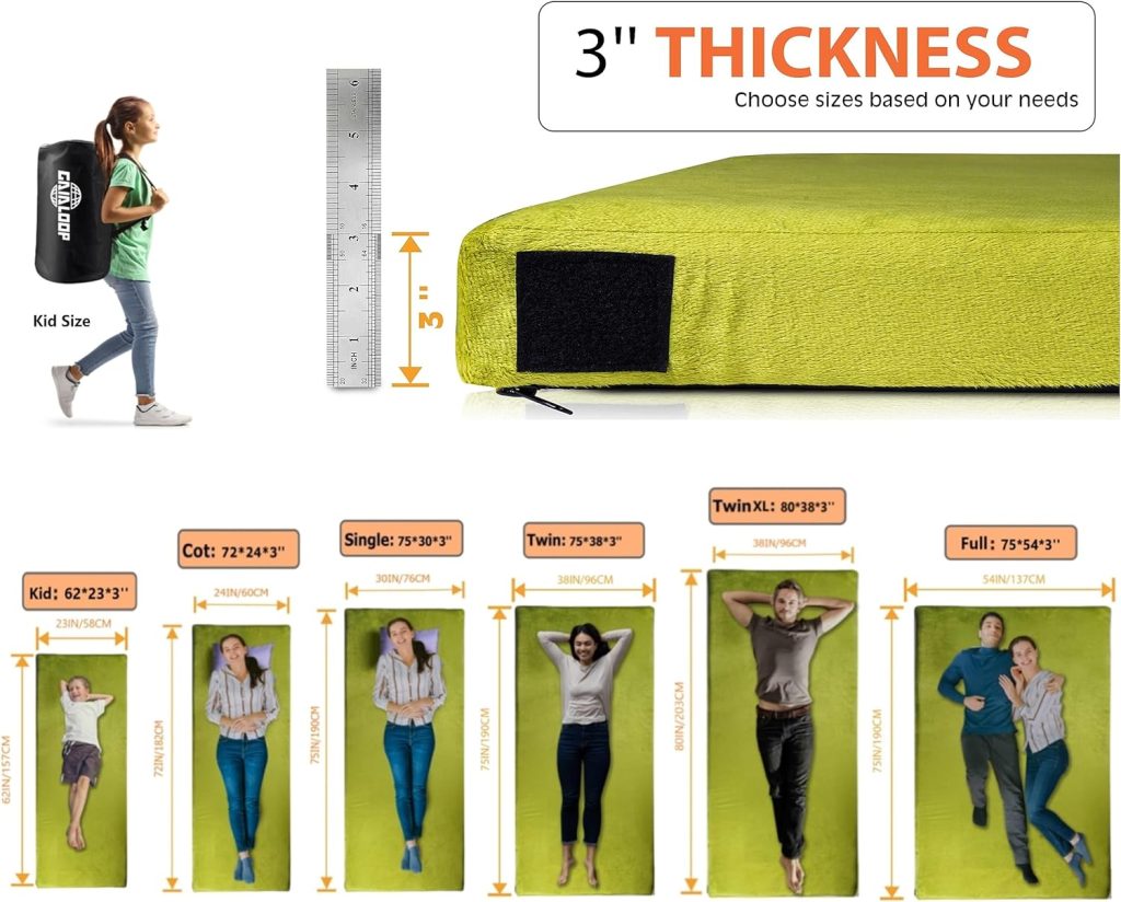 GAIALOOP Thick Memory Foam Camping Mattress Sleeping Pad [Car/Tent/Cot] 3 Inch Portable Floor Mat Roll Up for Guests Kids Adult Sleepover