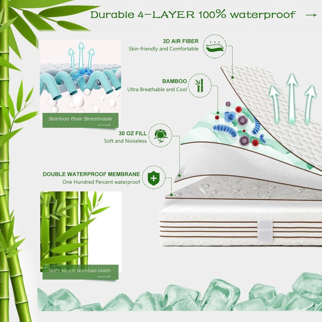 GRT Bamboo Waterproof Mattress Protector Cal King Size - 3D Air Fiber Cooling Mattress Cover Breathable Ultra Soft, Mattress Pad Noiseless Fits up to 26 Deep Pocket Mattress Machine Washable