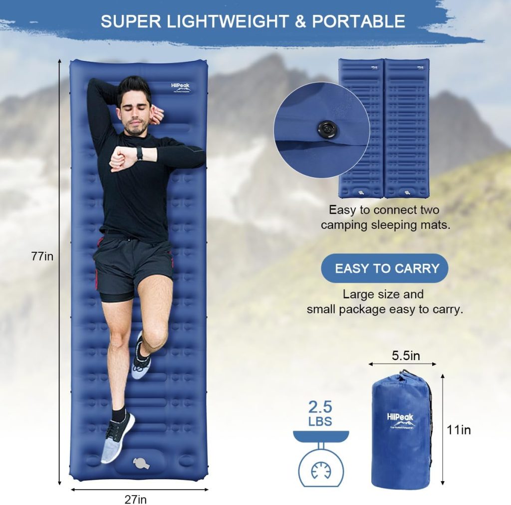HiiPeak Sleeping Pad for Camping, Ultralight Inflatable Sleeping Pad with Built-in Foot Pump, Camping Sleeping Pads for Backpacking Hiking Tent Travel Waterproof Camping Air Mattress with pillow, Blue