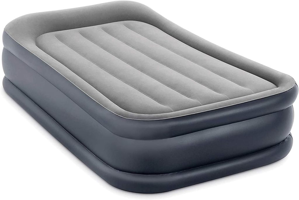 INTEX 64131ED Dura-Beam Plus Deluxe Pillow Rest Air Mattress: Fiber-Tech – Twin Size – Built-in Electric Pump – 16.5in Bed Height – 300lb Weight Capacity, Grey