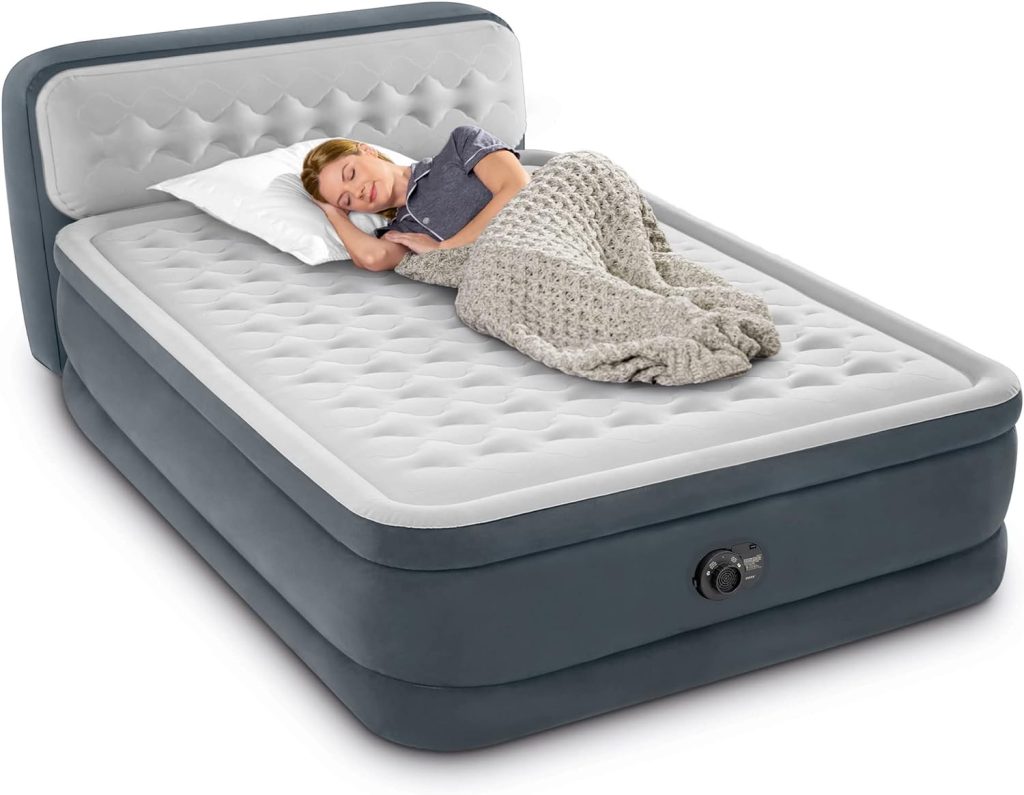Intex Dura-Beam Deluxe 18 Inch Queen Sized Air Mattress Comforting Bed with Built in Electric Pump and Ultra Plush Supportive Headboard, Gray