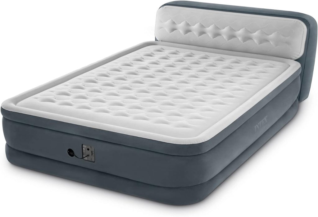 Intex Dura-Beam Deluxe 18 Inch Queen Sized Air Mattress Comforting Bed with Built in Electric Pump and Ultra Plush Supportive Headboard, Gray