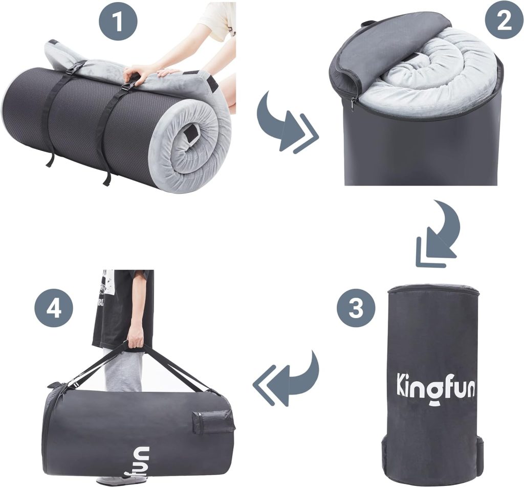 Kingfun 3 Inch CertiPUR-US Memory Foam Camping Mattress, Waterproof Roll up Sleeping Pad for Adults, Comfortable Thick Floor Sleeping Mats for Car Truck Tent with Removable Travel Bag