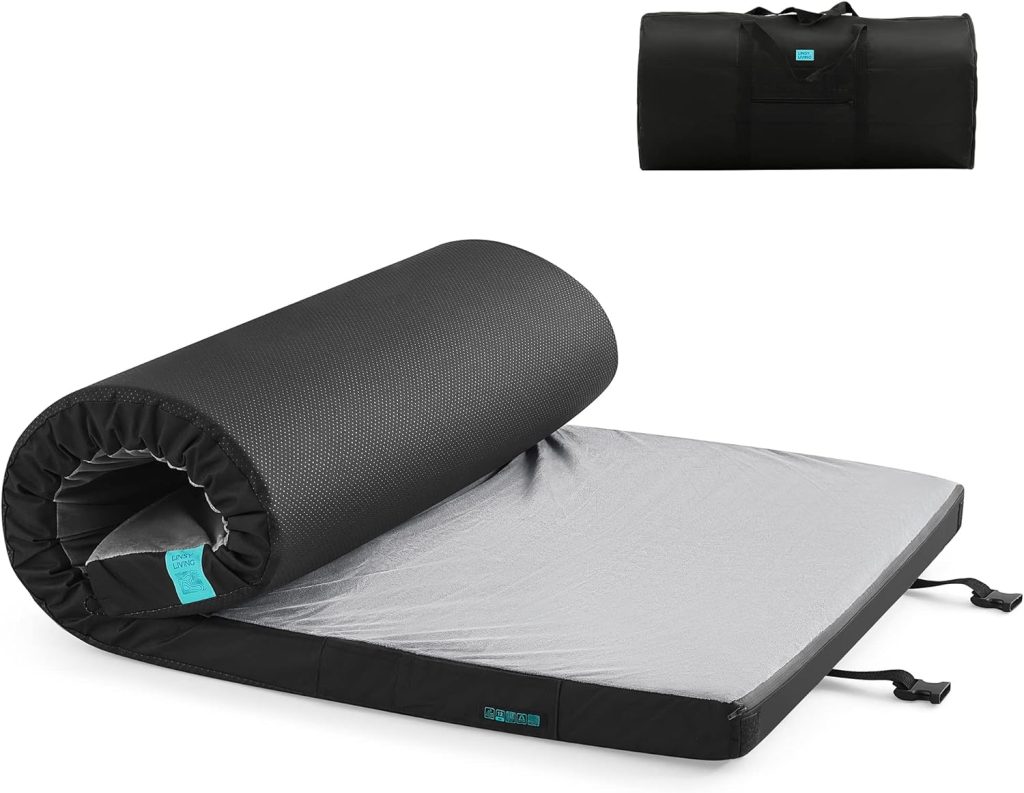 LINSY LIVING Memory Foam Camping Mattress, Waterproof Sleeping Mats for Adults, Portable Bed, Roll Up CertiPUR-US Memory Foam, Washable Velvet Cover, Waterproof Travel Bag, Single  Twin Size Car Bed
