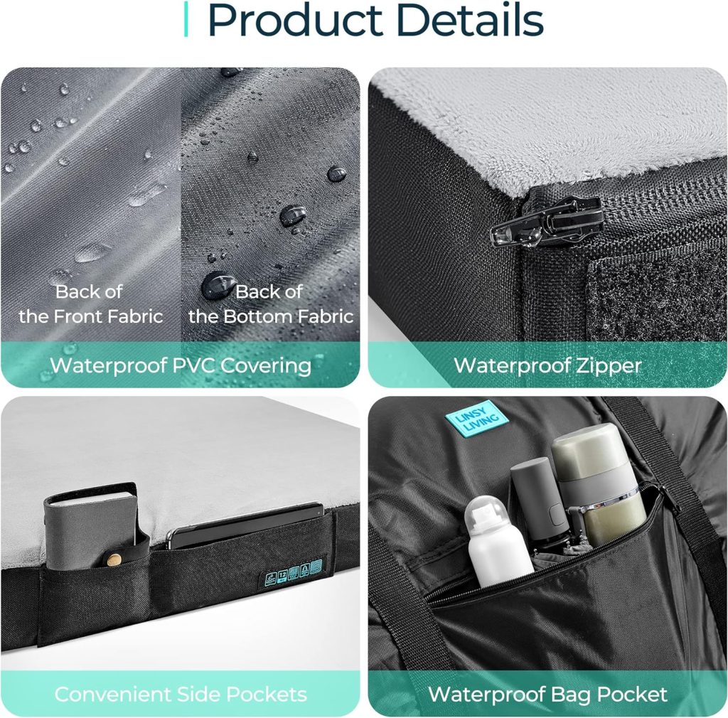 LINSY LIVING Memory Foam Camping Mattress, Waterproof Sleeping Mats for Adults, Portable Bed, Roll Up CertiPUR-US Memory Foam, Washable Velvet Cover, Waterproof Travel Bag, Single  Twin Size Car Bed