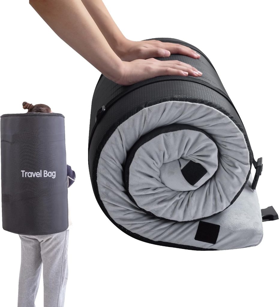 Memory Foam Camping Mattress 2.5 inch, Kids Portable Roll Up Camping Sleep Topper with Waterproof and Non-Slip Bottom, Camping Car Mat with Travel Bag, 63×26×2.5, Grey