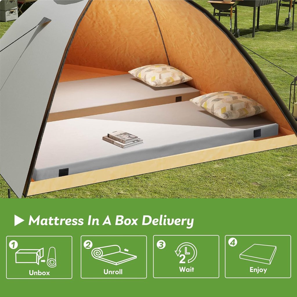Memory Foam Camping Mattress 2.5 inch, Kids Portable Roll Up Camping Sleep Topper with Waterproof and Non-Slip Bottom, Camping Car Mat with Travel Bag, 63×26×2.5, Grey