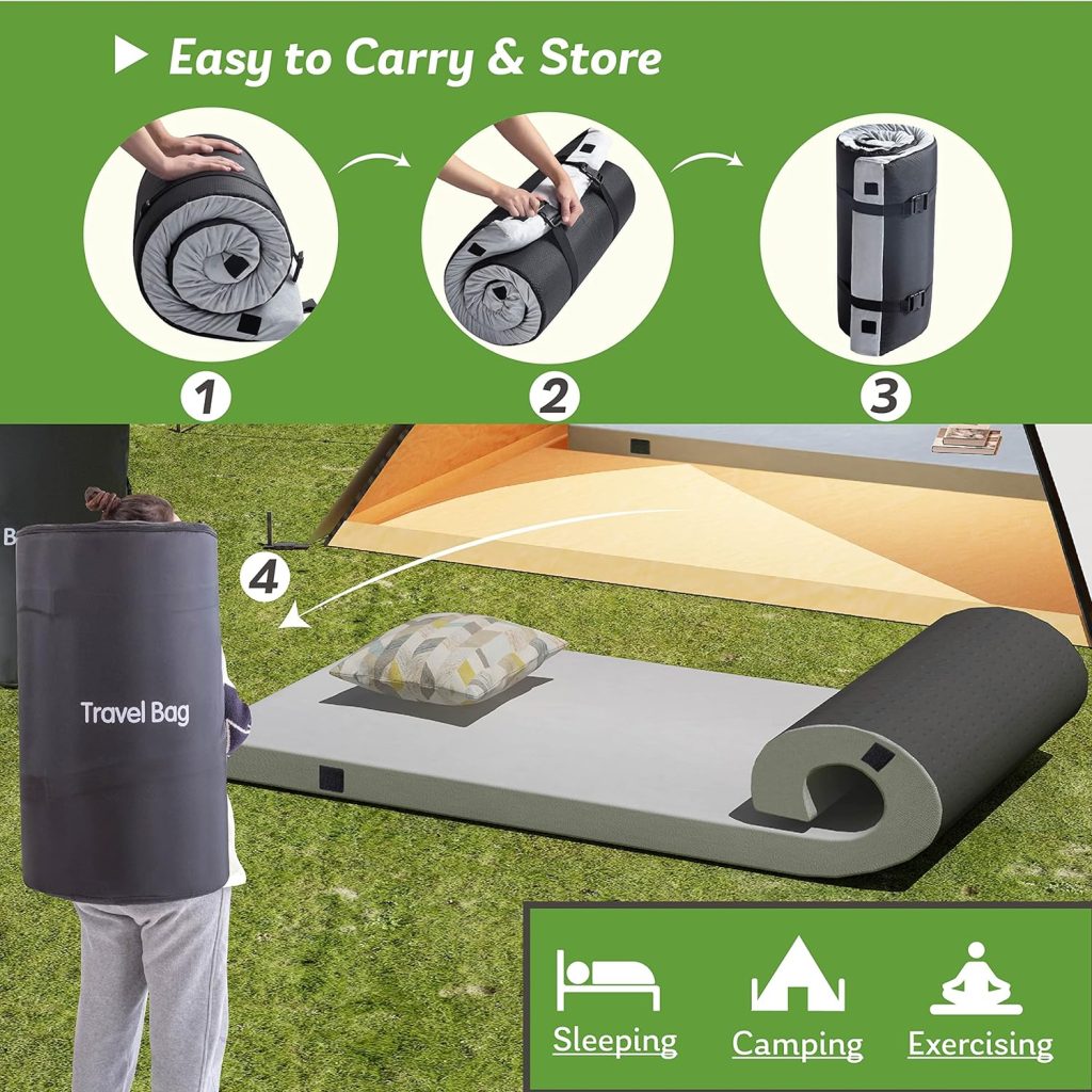 Memory Foam Camping Mattress 2.5 inch, Kids Portable Roll Up Camping Sleep Topper with Waterproof and Non-Slip Bottom, Camping Car Mat with Travel Bag, 63×26×2.5, Grey