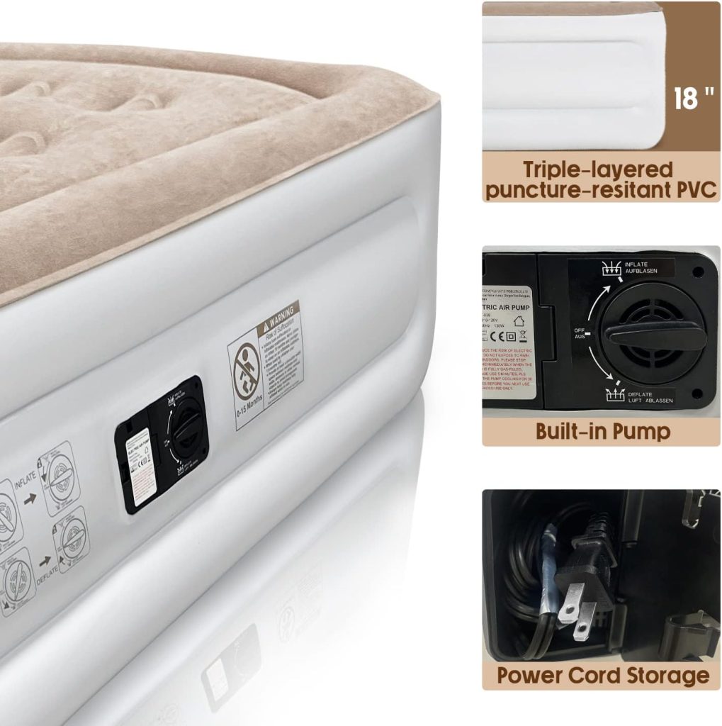 NXONE Air Mattress,18 inch Inflatable Airbed Luxury Double High Self Inflation Deflation Queen Air Mattress withUpgraded Built-in Pump, Blow Up Guest Bed for Home Portable Camping Travel,650lb MAX