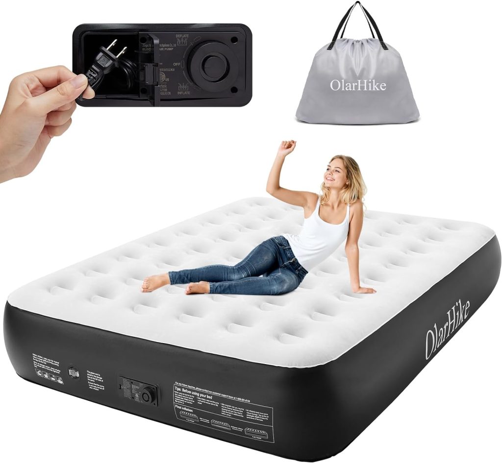 OlarHike Queen Air Mattress with Built in Pump,Durable Inflatable Blow Up Airbed with Storage Bag,13 High Speed Inflation Black, Camping Accessories, Travel and Guests  Indoor