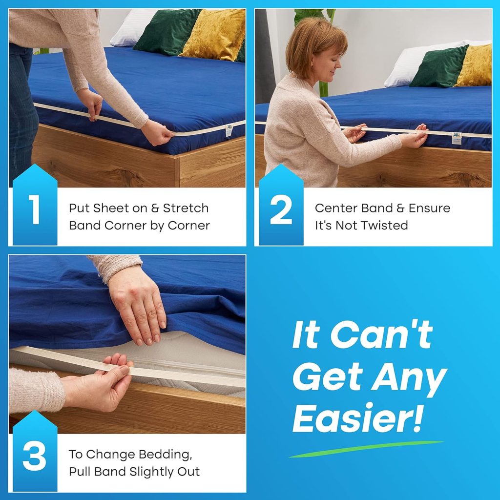 RUBBER HUGGER Bed Sheets Holder Band, Queen Size Mattress, Sheet Holder for Corners, Elastic Bedding Holder Band to Hold Sheets on The Bed, 1 Strap for Adjustable Mattresses Included, Medium Size