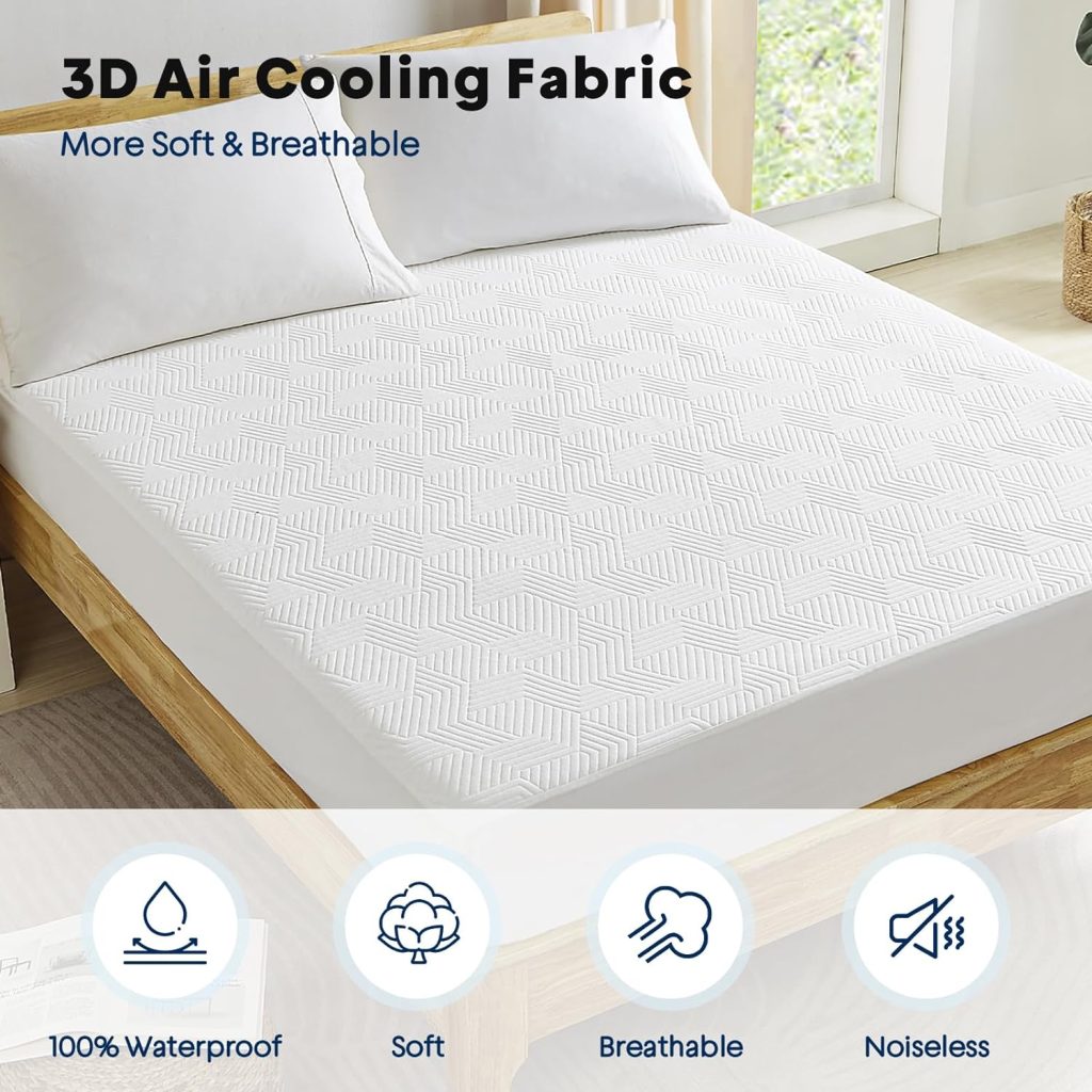 Timimi Queen Size 100% Waterproof Mattress Protector: Cooling Bed Mattress Cover - Ultra Soft  Breathable 3D Air Fabric Mattress Pad Cover Fitted 8-21 Deep Pocket - Noiseless Washable Vinyl Free