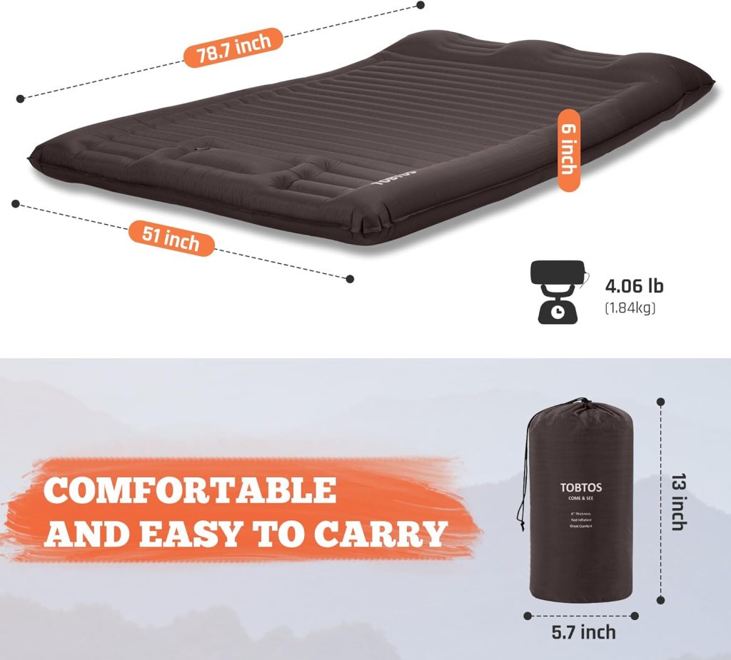 TOBTOS Self Inflating Camping Sleeping Pad with Pillow, Thick 6 Inch Ultralight Sleeping Pad with Built-in Pump, Lightweight Sleeping Mat for Camping, Backpacking, Hiking, Tent (Grey)