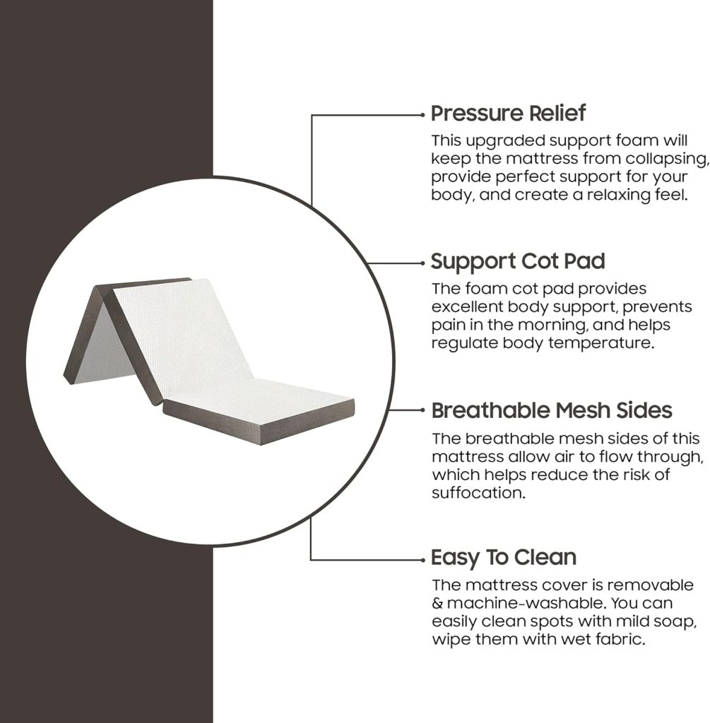 Treaton, 3-Inch Tri-Folding Gel Memory Foam Portable Floor Mattress | Breathable Mesh, Ultra Soft, Cot Pad, Removable and Washable Cover, Comfortable Support, Therapeutic Qualities, 25-Inch, White