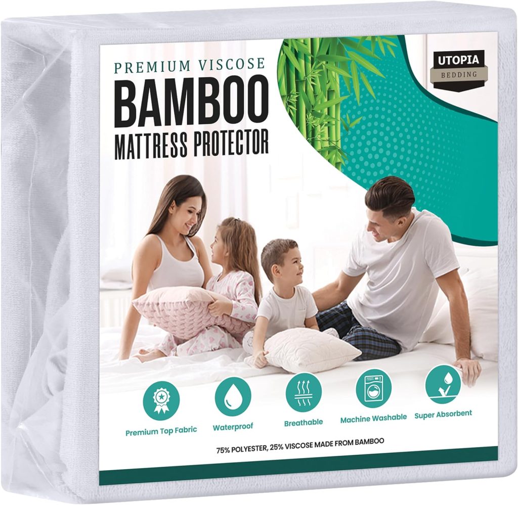 Utopia Bedding Waterproof Mattress Protector Queen Size, Viscose Made from Bamboo Mattress Cover, Breathable, Fitted Style with Stretchable Pockets (White)