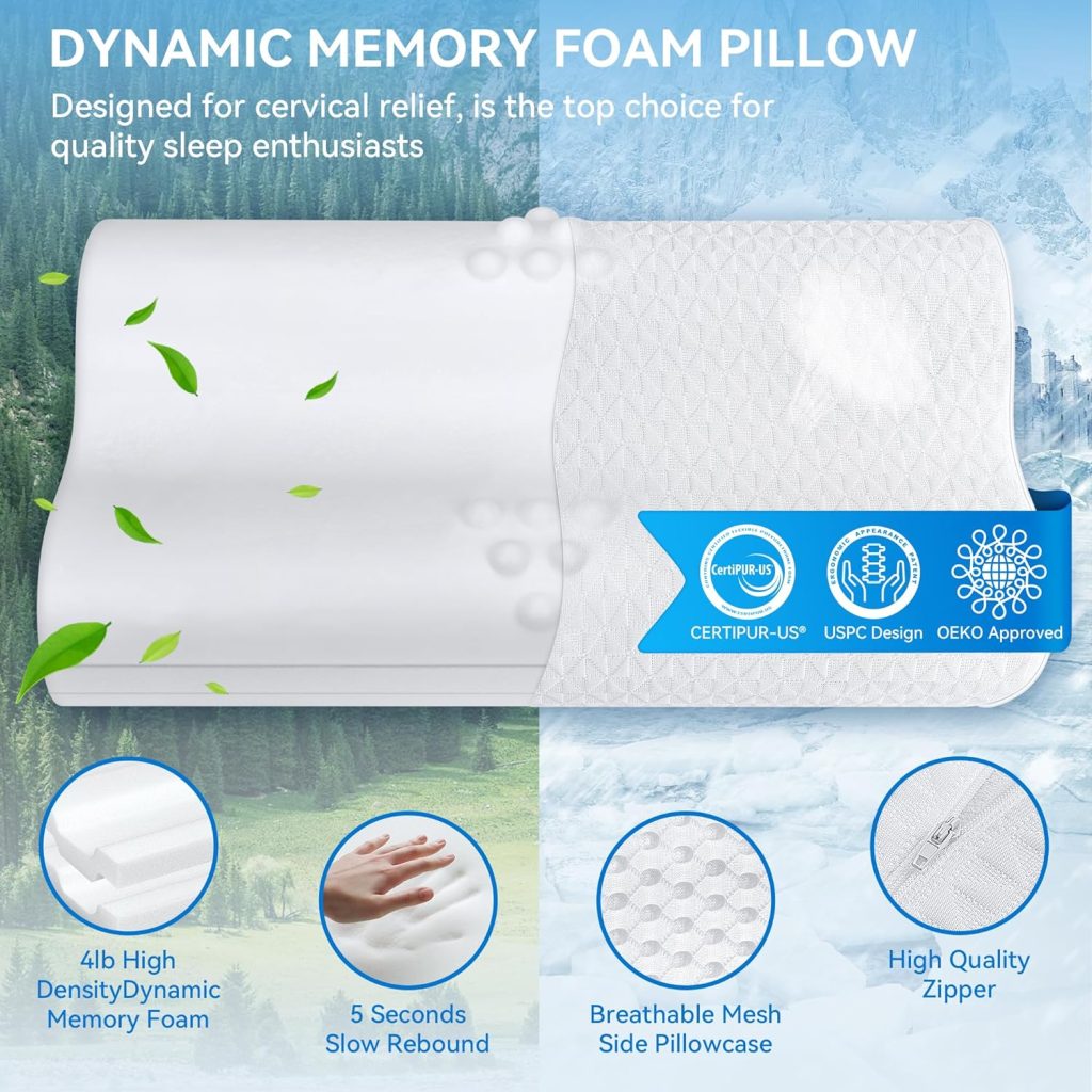 Zibroges Sandwich Cervical Neck Pillow Queen Size, Dynamic Memory Foam Pillow for Neck Shoulder Pain Relief, Ergonomic Adjustable Bed Contour Pillow for Side, Back  Stomach Sleepers CertiPUR-US