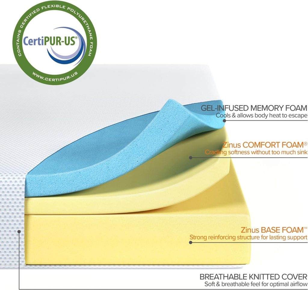 ZINUS 12 Inch Green Tea Cooling Gel Memory Foam Mattress, Fiberglass Free, Cooling Gel Foam, Pressure Relieving, CertiPUR-US Certified, Bed-in-a-Box, Queen , White