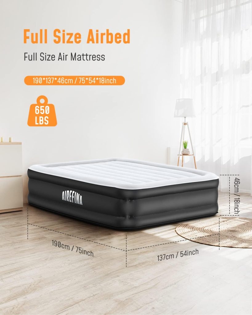 Airefina 18 Full Size Air Mattress with Built in Pump, Blow Up Mattress with Self Inflation, Durable, Portable  Flocked Top Inflatable Mattress,75x54x18in Airbed with Smooth Surface