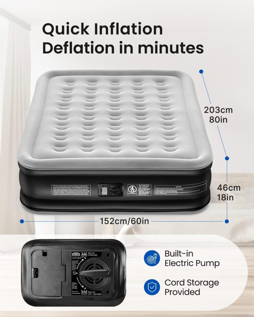 Airefina 18 Full Size Air Mattress with Built in Pump, Blow Up Mattress with Self Inflation, Durable, Portable  Flocked Top Inflatable Mattress,75x54x18in Airbed with Smooth Surface