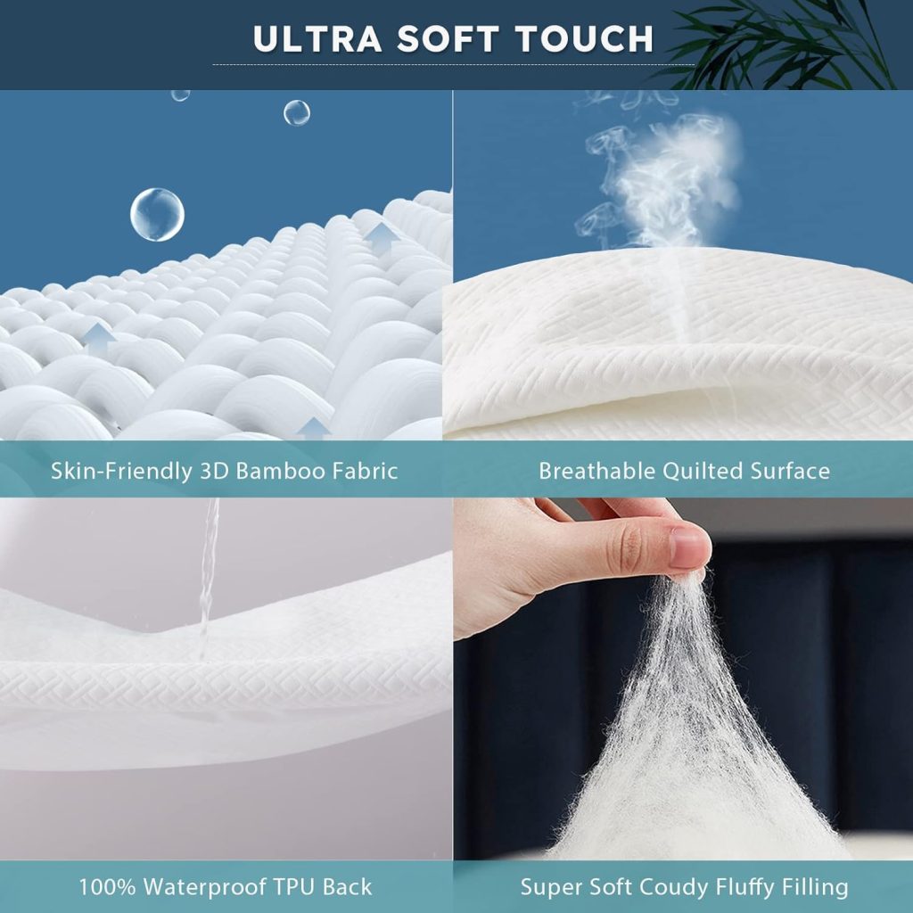 Cozymaker Queen Size 100% Waterproof Mattress Protector, Cooling Bamboo Mattress Cover Fitted 8-21 Deep Pocket, 3D Air Fabric Soft Breathable bed Mattress Pad Cover Noiseless Washable (White, Queen)