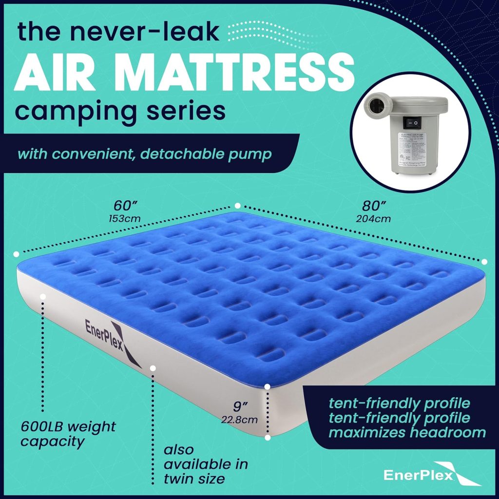 EnerPlex Never-Leak Camping Series Twin/Queen Camping Airbed with High Speed Pump Air Mattress Single High Inflatable Blow Up Bed for Home Camping Travel EnerPlex Never-Leak Camping Series Twin/Queen Camping Airbed with High Speed Pump Air Mattress Single High Inflatable Blow Up Bed for Home Camping Travel