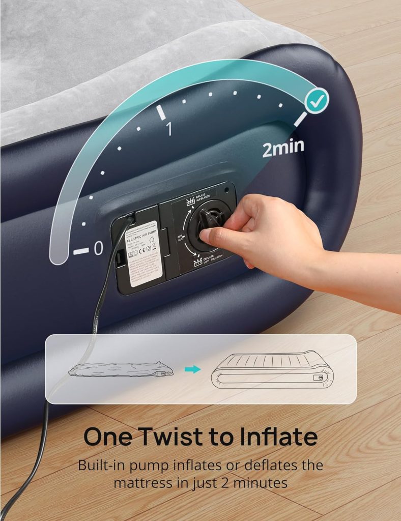 Evajoy Full Air Mattress with Built-in Pump, Inflatable Air Mattress with Integrated Pillow, Fast Inflation/Deflation, Airbed with Thickened PVC Build, Waterproof Flocking, for Home, Camping
