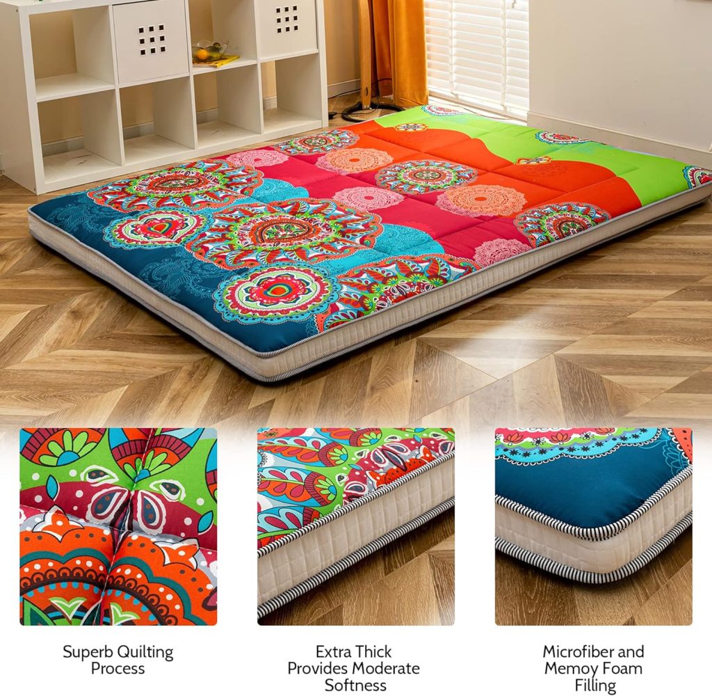 Extra Thick Futon Floor Mattress, Padded Japanese Folding Roll Up Mattress Sleeping Pad, Foldable Camping Portable Mattress Shikibuton, Bed Mattress Topper, Floor Lounger Guest Bed for Couch Car