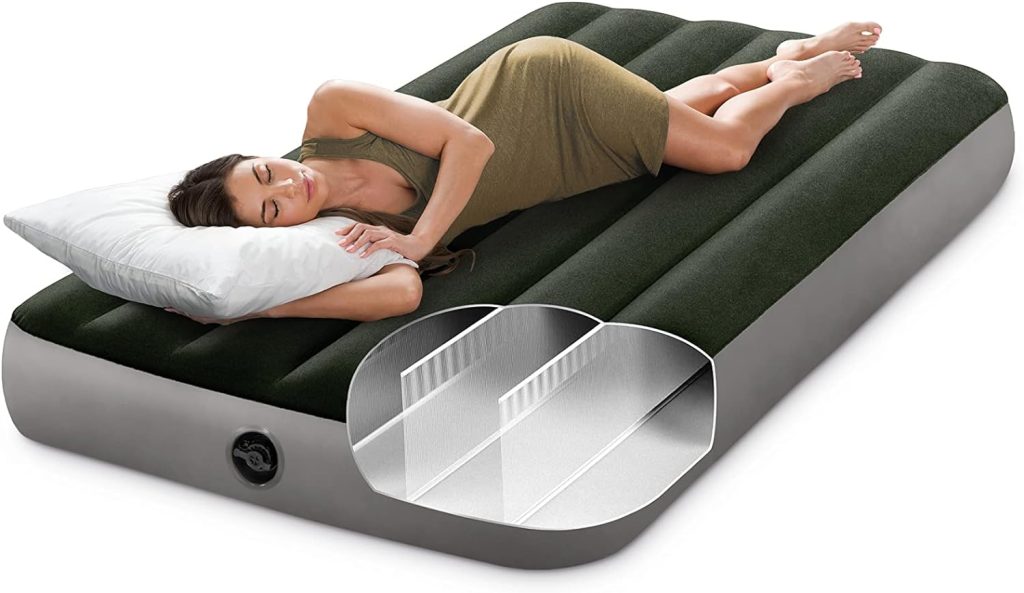 INTEX 64778E Dura-Beam Standard Prestige Air Mattress: Fiber-Tech – Full Size – Hand-Held Battery Pump – 10in Bed Height – 600lb Weight Capacity Green