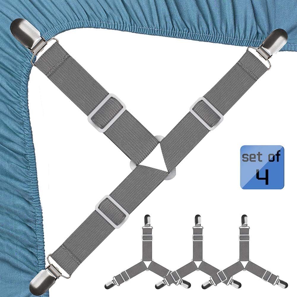 JBYAMUS Bed Sheet Straps, Easy to Install Sheet Straps, Fitted Sheet Clips, Adjustable Sheet Fasteners, Say Goodbye to The Messy Sheets (Gray-4 Pcs)