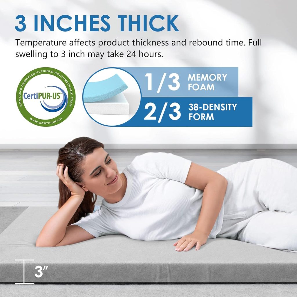 KingChii CertiPUR-US Memory Foam Camping Mattress, Portable Roll Up Travel Car Camping Mattress Sleeping Pad  Floor Mattress, Cot Mattress Guest Bed for Sleepover with Waterproof Cover  Travel Bag