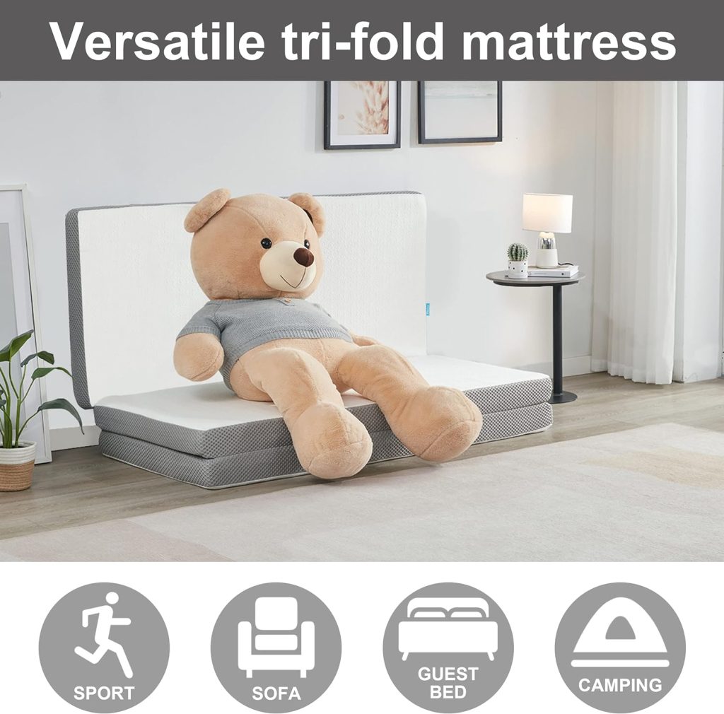 Kingfun Memory Foam Folding Mattress, 4 Inch Gel-Infused Breathable Tri-fold Mattress Topper with Bamboo Cover, Soft Foldable Portable Floor Guest Bed (Single)