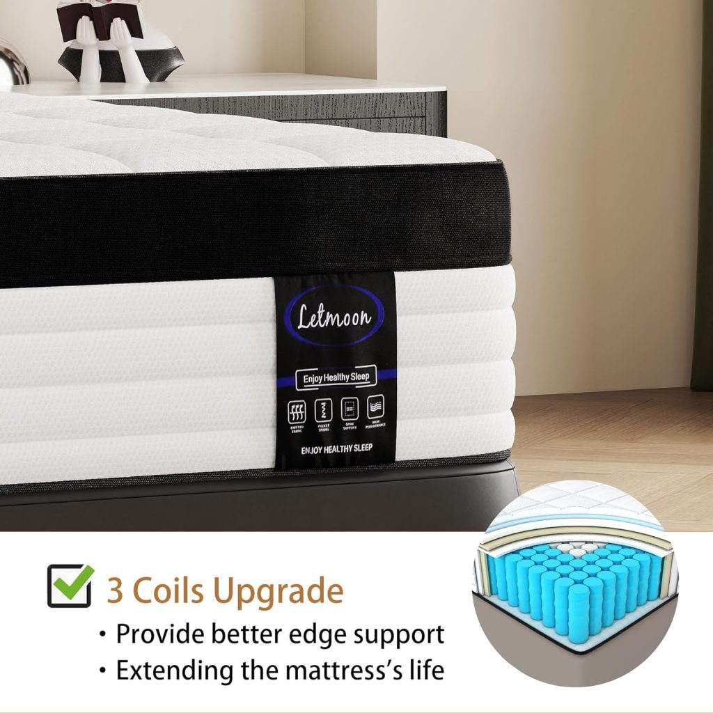 LETMOON Full Size Mattress, 10 Inch Hybrid Full Mattress in a Box, Medium Firm Mattress with Memory Foam and Pocket Springs, 3 Coils Strong Edge Support, Pressure Relief, Medium Firm