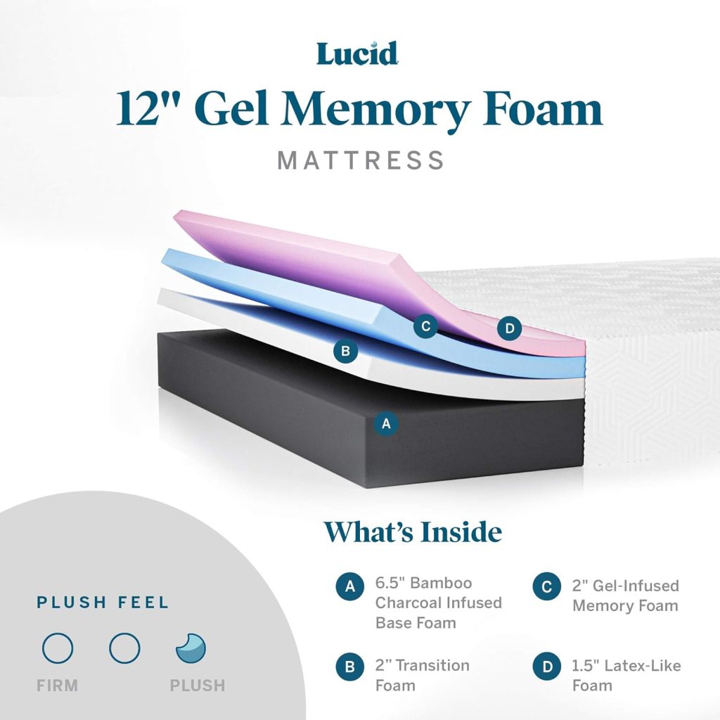 LUCID 12 Inch Twin XL Mattress – Plush Memory Foam Mattress – Bamboo Charcoal Foam – Gel Infused – Hypoallergenic Foam Mattress– Bed-in-A-Box- CertiPUR-US Certified, White