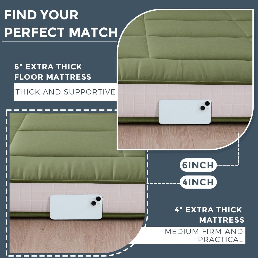 MAXYOYO 6 Extra Thick Floor Futon Mattress, Foldable Japanese Floor Mattress Tatami Pad Floor Mattress for Adults Floor Bed Roll Up Mattress Guest Mattress, Green, Twin