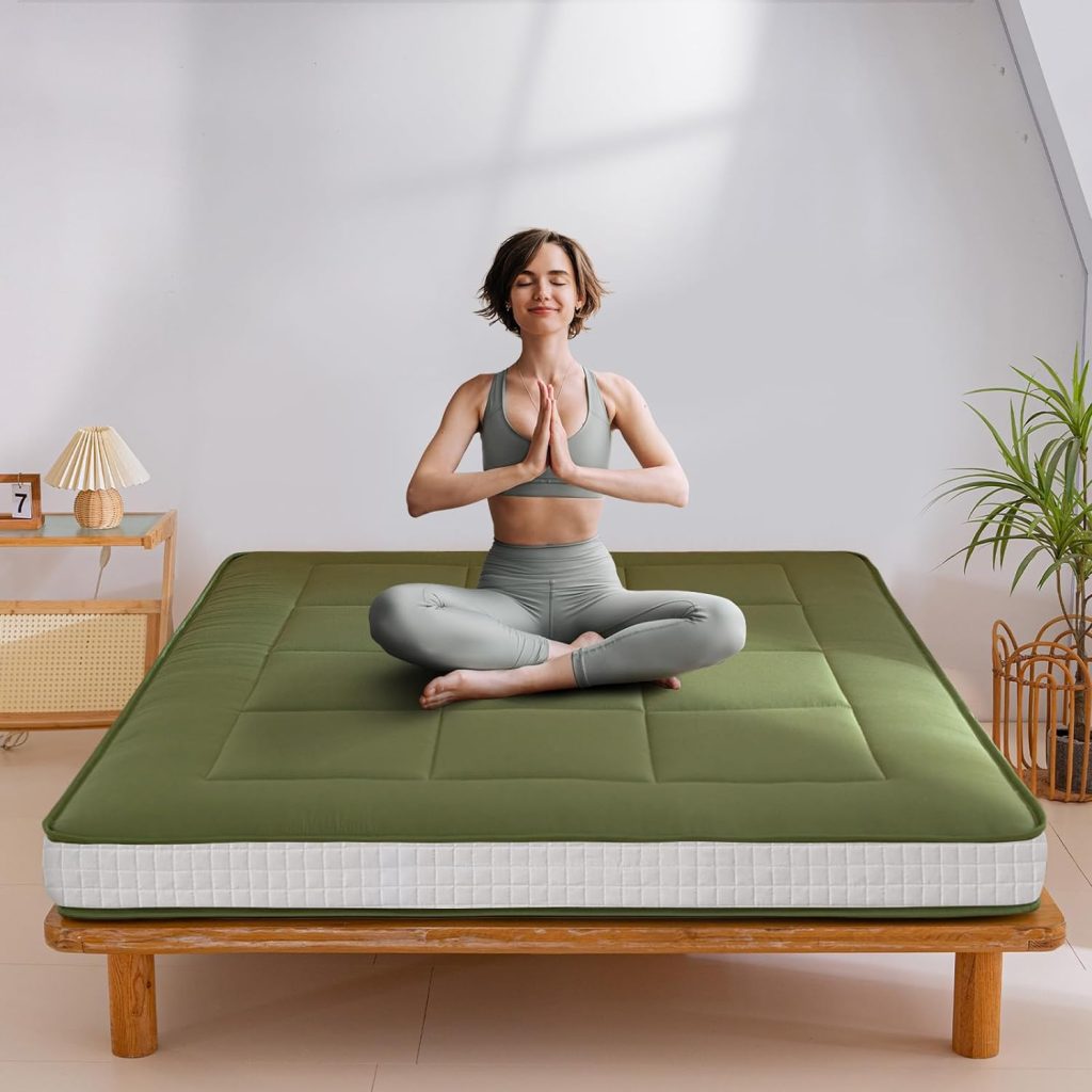 MAXYOYO 6 Extra Thick Floor Futon Mattress, Foldable Japanese Floor Mattress Tatami Pad Floor Mattress for Adults Floor Bed Roll Up Mattress Guest Mattress, Green, Twin
