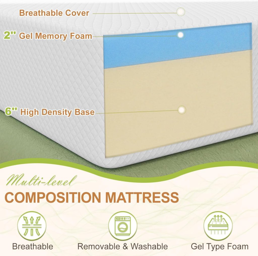 Nchanmar 8 Inch King Size Mattress, Gel Memory Foam King Mattress, Pressure Relieving, Cooling Gel Foam, King Mattress in a Box, Certipur-Us Certified, Bed-in-a-Box, King, 80L x 76W x 8Th, White