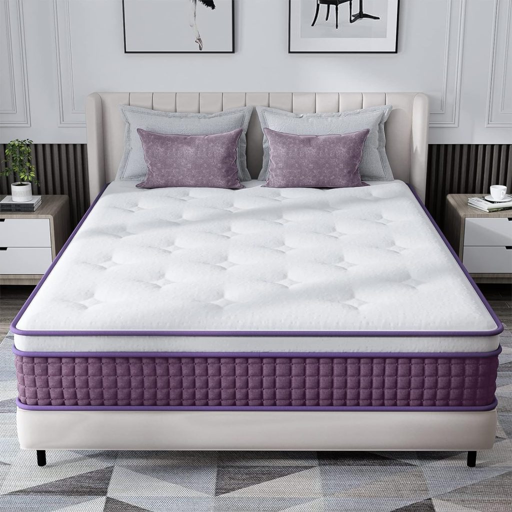 REGOSS 12 Inch Innerspring Hybrid Mattress, Motion Isolation Individually Pocketed Coils Mattress, Euro Top Full Size Mattress in a Box, Plush Foam Spring Mattress for Pressure Relief, Purple