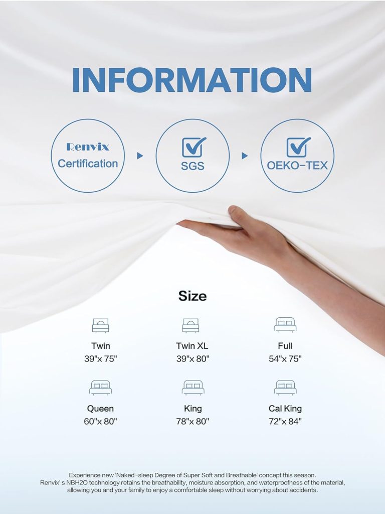 Renvix Queen Size Waterproof Mattress Protector, Premium Bamboo Mattress Pad Ultra Soft Breathable, Noiseless Mattress Cover Fitted 8-21 Deep Pocket