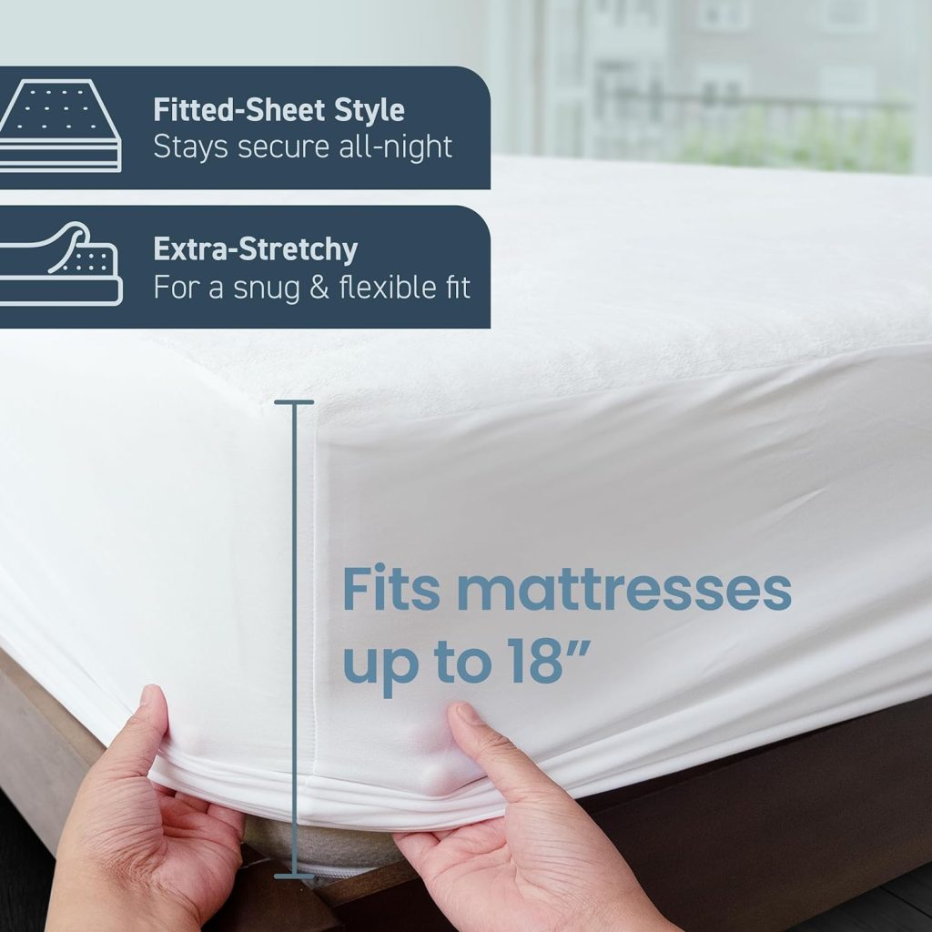 SafeRest 100% Waterproof Full Size Mattress Protector - Fitted with Stretchable Pockets - Machine Washable Cotton Mattress Cover for Bed - Perfect Bedding Airbnb Essentials for Hosts