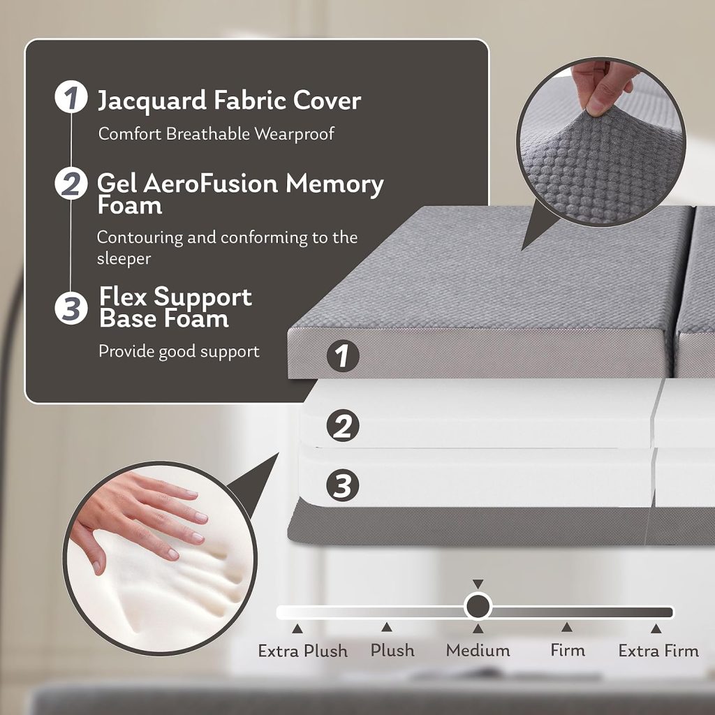 Tri-Fold Memory Foam Mattress, 4 inch Twin Folding Mattress with Collapsible and Washable Cover, Travel and Guest Mat, 75×38×4, Grey