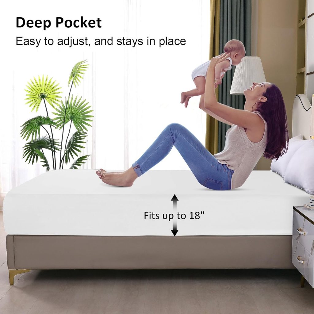 Waterproof Mattress Protector Queen, Fitted Sheet Style Breathable Mattress Cover with Deep Pocket Fits Up to 18, Machine Washable Noiseless Bed Cover for Kids Adults Pets (Black, 60 X 80)