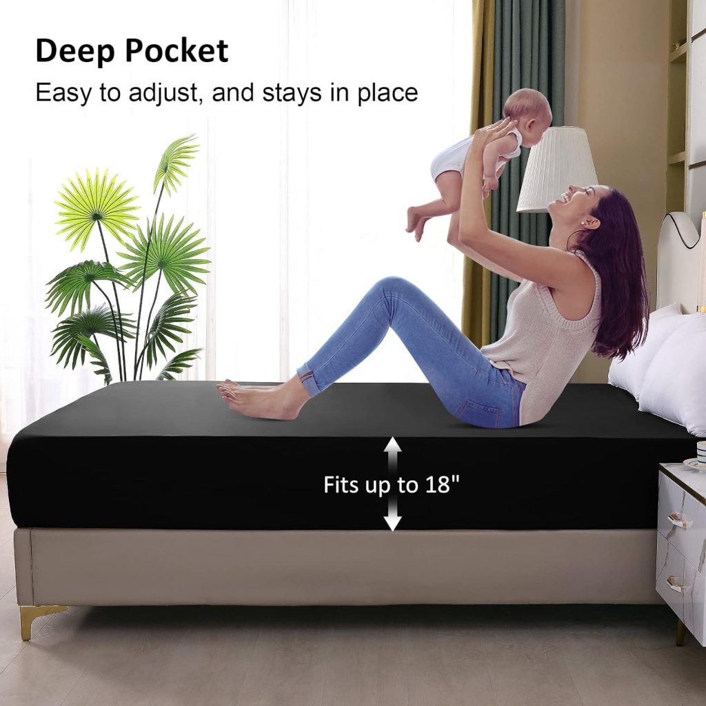 Waterproof Mattress Protector Queen, Fitted Sheet Style Breathable Mattress Cover with Deep Pocket Fits Up to 18, Machine Washable Noiseless Bed Cover for Kids Adults Pets (Black, 60 X 80)