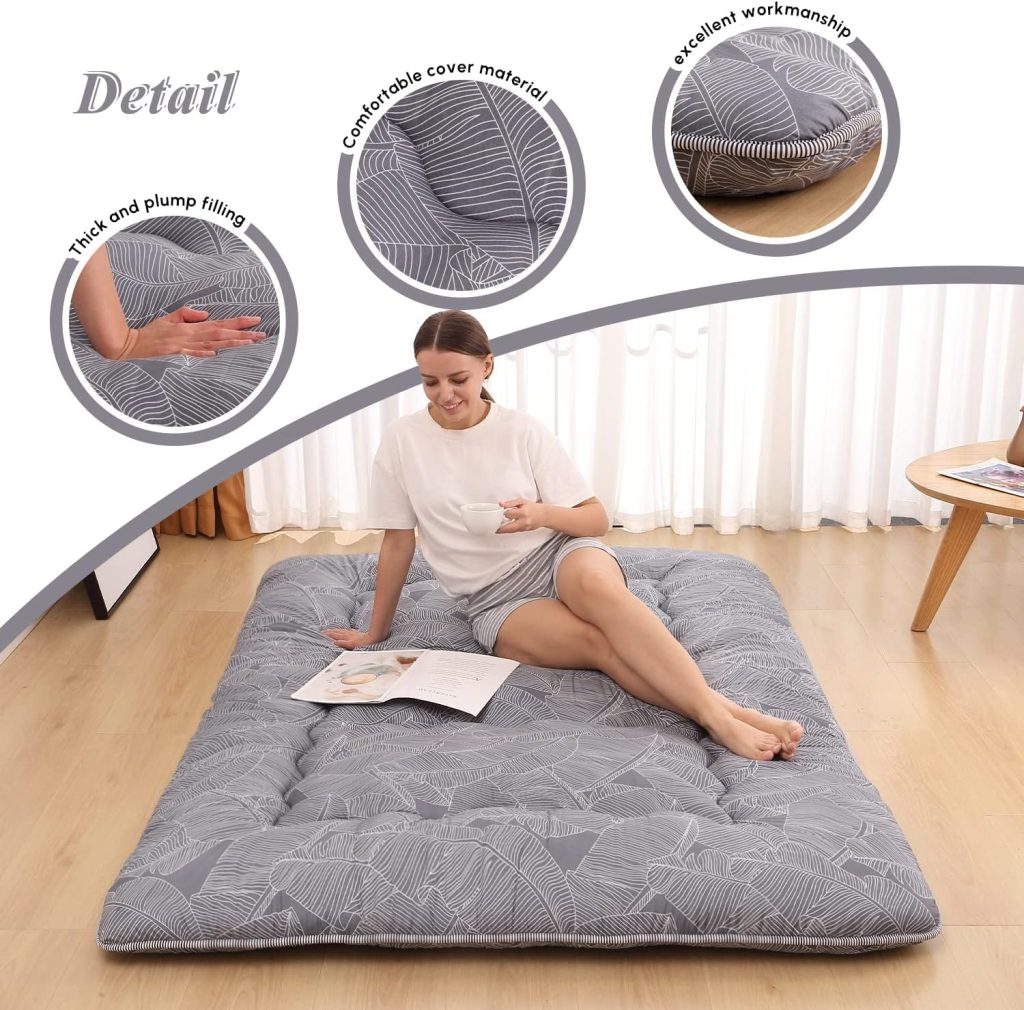 XICIKIN Japanese Floor Mattress, Japanese Futon Mattress Foldable Mattress, Roll Up Mattress Tatami Mat with Washable Cover, Easy to Store and Portable for Camping, Feather, Twin Full Queen…